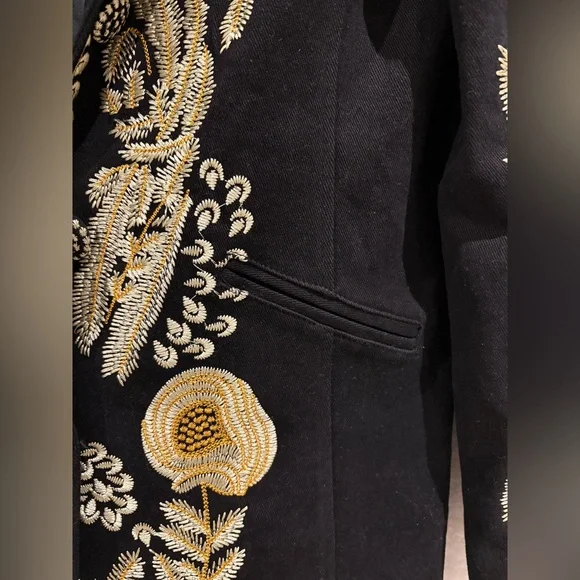PAPARAZZI BY BIZ Jacket Black Twill Floral Embroidered Boho Coat M W/Pockets - Picture 5 of 8